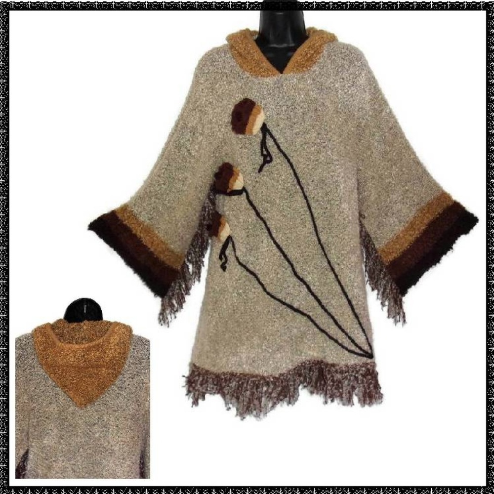 SWEATER S Hoodie FRINGED Boho TEXTURED KNIT